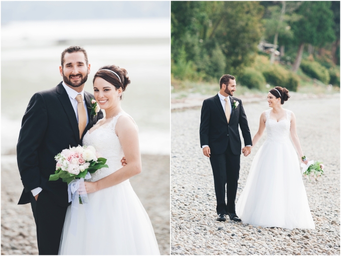 Bride and groom wedding portraits on the beach in Bellingham
