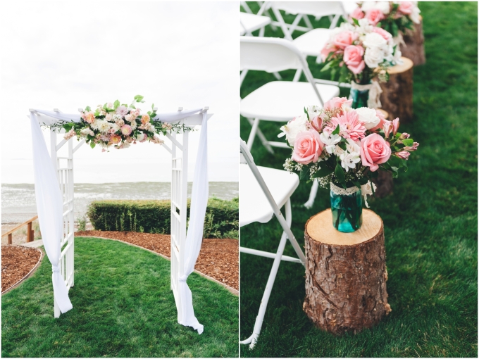 Pink, blush and white wedding ceremony flowers and decor