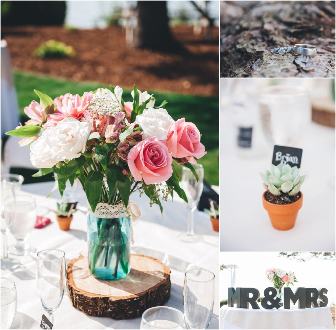 Wedding details for a backyard beach wedding which include white and pink flowers in a base sitting on top of a wood slice, a letter sign showing "MR & MRS", wedding rings on a tree bark and little succulent vases that used as table placements and wedding favors