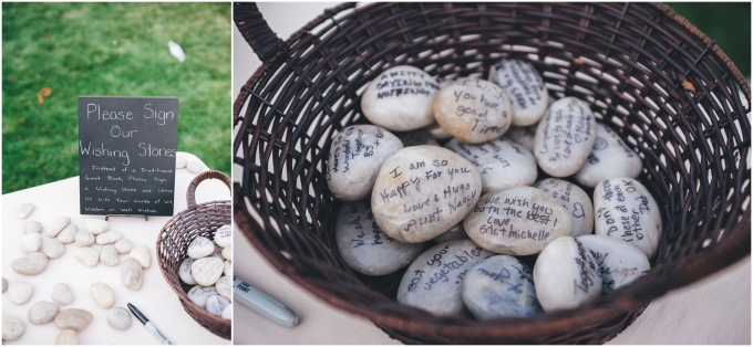 Wishing stones with messages for the bride and groom from the guests in a wicker basket.